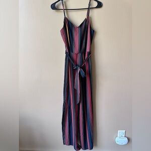 Striped Navy and Pink Sleeveless romper with Tie Waist
